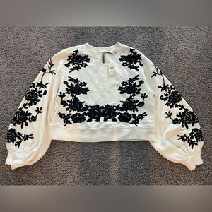 Anthropologie White Sweatshirt with Black Floral Design